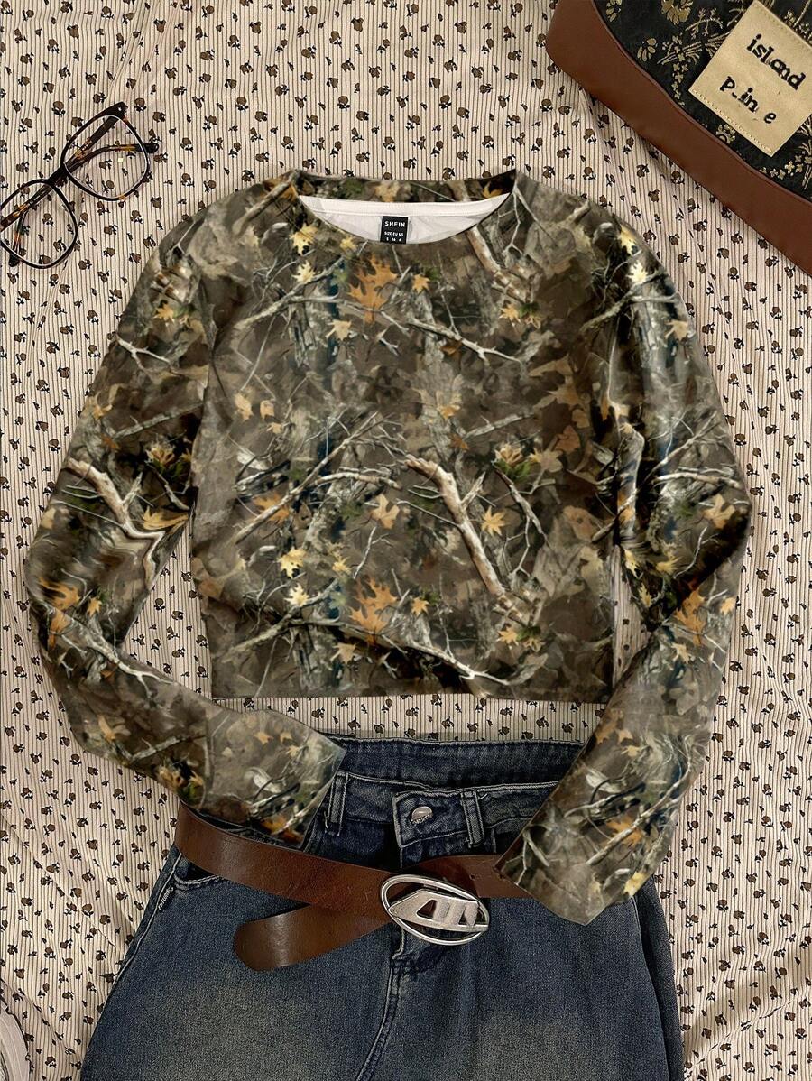 Attitoon 女士休闲简约全印花树枝图案圆领修身短款 T 恤，适合秋冬季 - 白色 - 查看 1