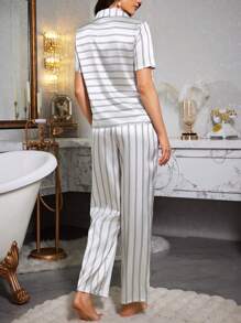 Striped Collar Faux Silk Short Sleeve Pajama Set - White - View 2