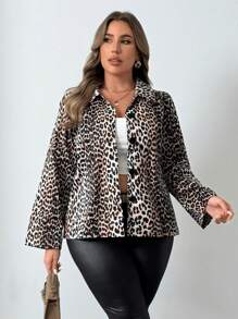 Franclia Chaqueta casual de manga larga con un solo pecho y estampado de leopardo para mujeres de talla grande, primavera y otoño