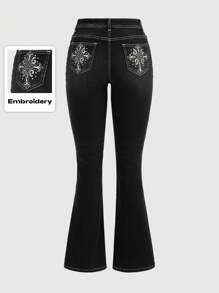 ROMWE Goth Women's Embroidered Jeans With Bell Bottoms And Cross Design, School - Black - View 1