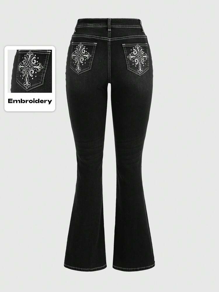 ROMWE Goth Women's Embroidered Jeans With Bell Bottoms And