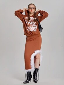 SHEIN Conjunto de 2 piezas para adolescentes: Sudadera ancha con estampado de eslogan y hombros caídos, talla grande falda alta midi con panel esponjoso - Óxido marrón - Ver 5