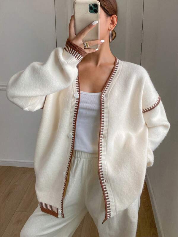 DAZY Patchwork Color Block Loose Fitted V-Neck Long Sleeve Sweater For Women