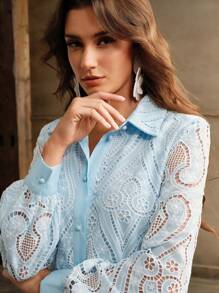 Anewsta 灯笼袖翻领蕾丝镂空收腰优雅连衣裙 - 藍色 - 查看 1