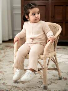 Cozy Pixies 2pcs Baby Girl Solid Color Knitted Soft Round Neck Long Sleeve Pullover Top And Wide Leg Pants Set - Khaki - View 14