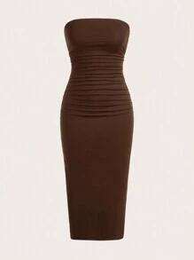 SHEIN EZwear 双色针织褶皱露肩开衩休闲连衣裙