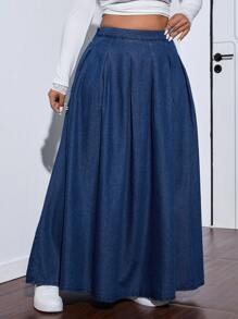 SHEIN ICON Falda de mezclilla plisada de moda informal de talla grande para verano y otoño
