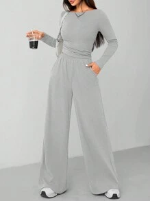 SHEIN PETITE 秋冬女针织修身上衣+阔腿裤休闲舒适家居深灰色两件套 - 淺灰色 - 查看 3