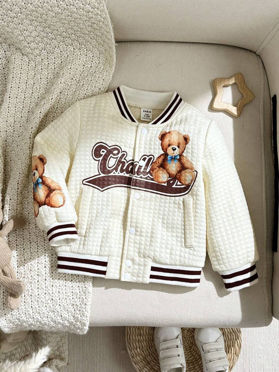 Baby Boys Textured Plaid Retro Teddy Bear Print Jacket, Suitable For Autumn/Winter Outings - Apricot - View 1