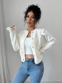 Chiquease Chaqueta de punto de manga larga con decoración de lazo, para otoño/invierno, tops de manga larga para mujer