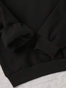 SHEIN Essnce 大码休闲秋季可爱鬼魂印花大码圆领厚万圣节运动衫上衣，秋冬 - 黑色 - 查看 3