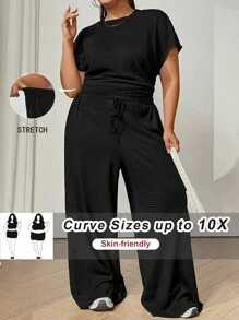 SHEIN CURVE+ 2pcs Plus Size Textured Knit T-Shirt And Drawstring Waist Pants Set, Casual - Black - View 1