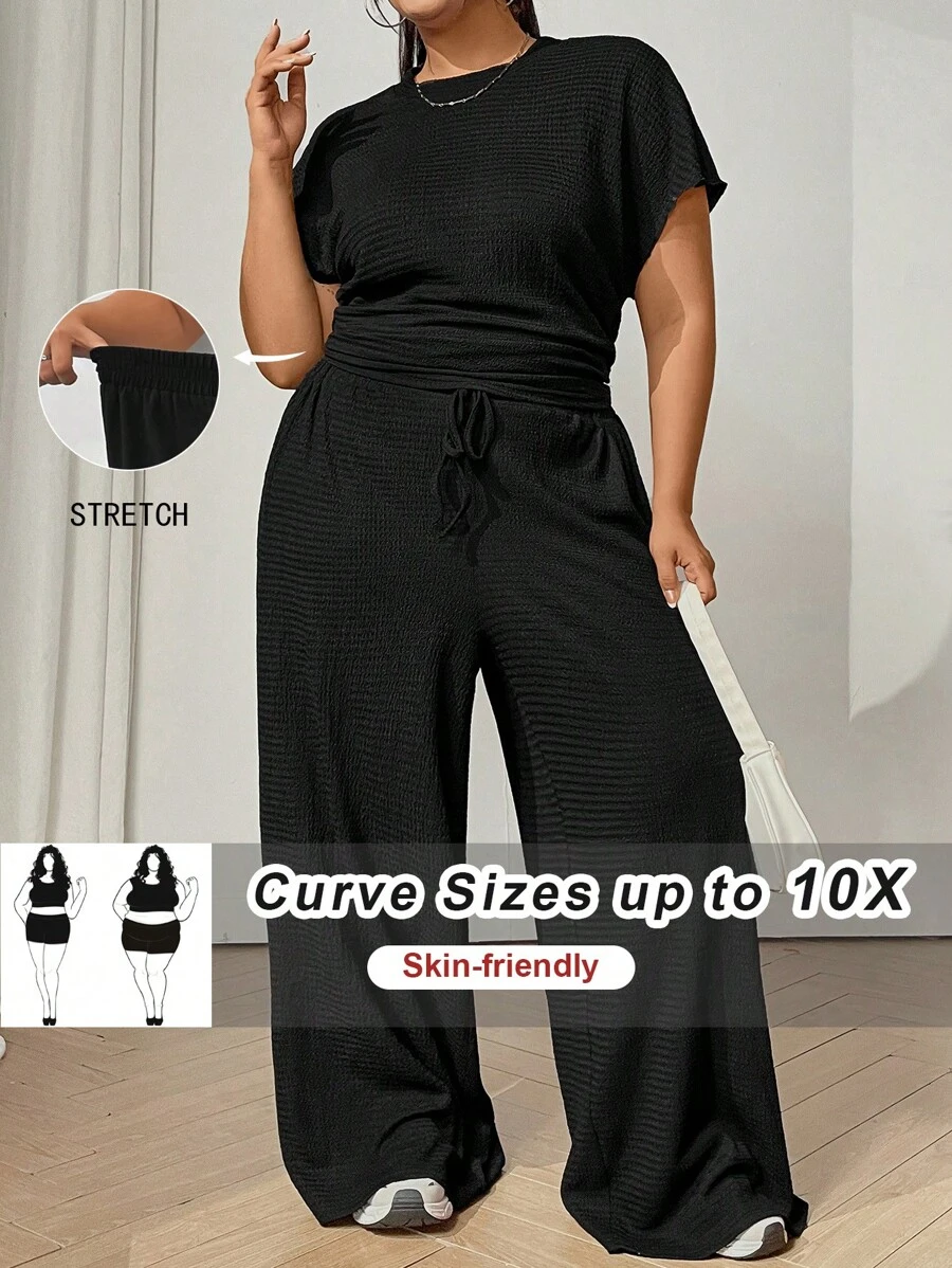 SHEIN CURVE+ 2pcs Plus Size Textured Knit T-Shirt And Drawstring Waist Pants Set, Casual - Black - View 1