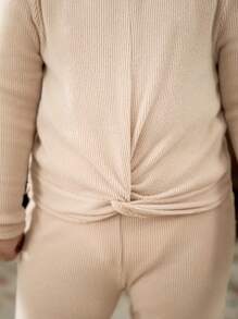 Cozy Pixies 2pcs Baby Girl Solid Color Knitted Soft Round Neck Long Sleeve Pullover Top And Wide Leg Pants Set - Khaki - View 15
