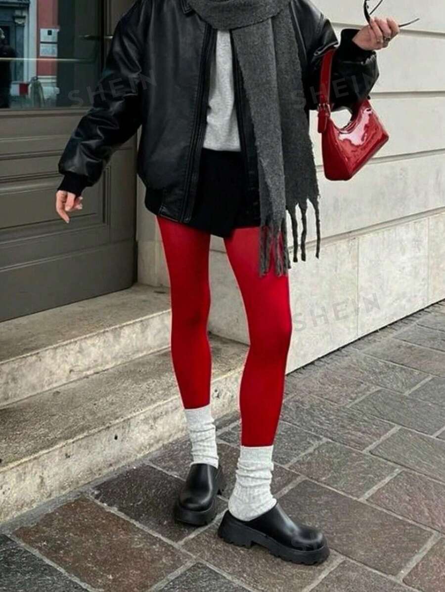 SHEIN Essnce Leggings rojos de otoño e invierno con estilo caliente de moda de mujer 2024, leggings rojos de mujer a juego, artículos a la moda