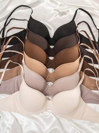 6 件罗纹无缝可调节前扣带钢圈 T 恤文胸，大地色聚拢文胸女士文胸