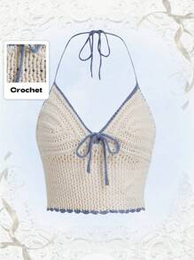 ROMWE Kawaii Parte superior de punto con atadura delantera de encaje a contraste, para vacaciones en la playa, escuela - Beis - Ver 1