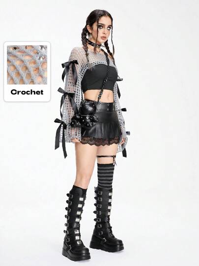 Goth Suéter acortado con adorno de lazo, calado y estilo gótico oscuro "himekaji" para mujeres