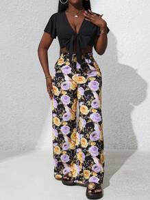 Breezaya Women's Straps Short Strappy Ruffle Sleeve Solid Color Top + Printed Pants Color Block Two-Piece Set - Black - View 3