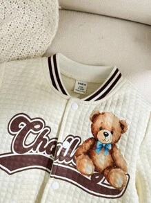 Baby Boys Textured Plaid Retro Teddy Bear Print Jacket, Suitable For Autumn/Winter Outings - Apricot - View 3