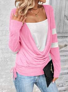 SHEIN LUNE Women Casual Color Block Drawstring Side T-Shirt, Autumn Graphic Tees Women Tops