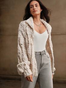 Anewsta Cárdigan con cierre de punto de cable cálido, chaqueta de suéter con elegante cuello vuelto, para otoño/invierno - Albaricoque - Ver 7