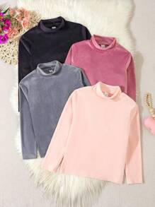 4pcs Girls' Simple & Fashionable Solid Color Velvet Turtleneck Thermal Underwear Set - Multicolor - View 1
