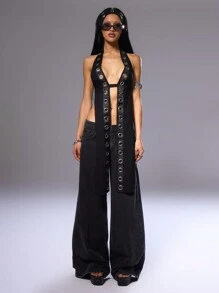 MUSERA Top de verano Ibiza sin espalda con escote halter y ojales de estilo largo