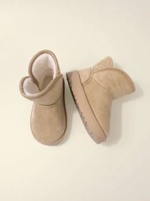 1 双男童卡其色平底雪地靴，时尚简约舒适保暖内衬休闲冬靴