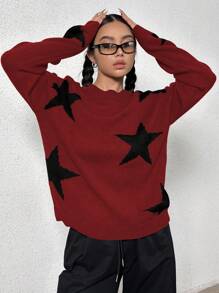 Flirla 女士休闲宽松星形图案撞色针织毛衣，秋冬季新年秋季款 - 紅色 - 查看 3