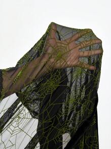 ROMWE Goth 女士神秘黑暗女巫吊兰植绒长款罩衫蕾丝边上衣 - 黑色 - 查看 7