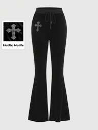 Goth Pantalon évasé en velours à taille resserrée par un cordon avec motif croisé, école