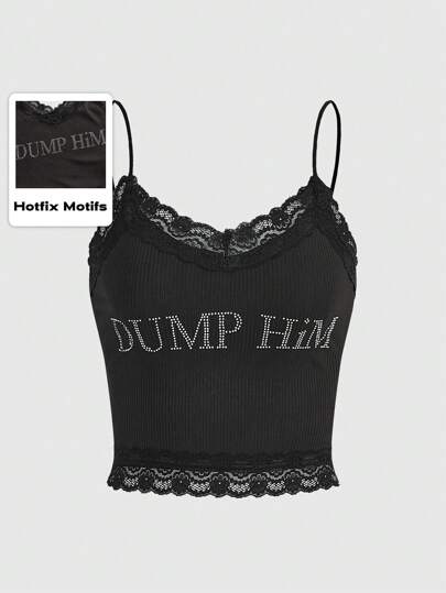 Grunge Punk Y2k Style Sexy Black Knitted Crop Cami Top With Rhinestone Letter Print, Lace Trim And Ribbed Design, School