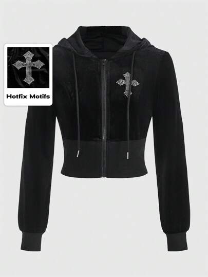 Goth Cross Print Velvet Zip Up Drawstring Hooded Jacket, School,Ladies Spring/Fall Casual Drawstring,Rhinestone,Zipper Regular Sleeve Hooded Regular Fit Black Halloween,Heart Women Jackets,Casual Daily Wear