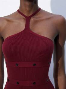 Maija Women's Autumn Knitted Wine Red Solid Turtleneck Fitted Elegant Sweater Dress