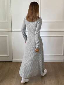 DAZY Knit Ribbed Fabric Fitted Casual Dress, Fall Pajama, Winter - Grey - View 2