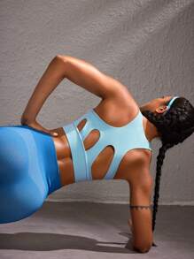 Powerista Áo ngực thể thao bó sát hở lưng màu trơn dành cho nữ hàng ngày - Màu xanh lam - Xem 1