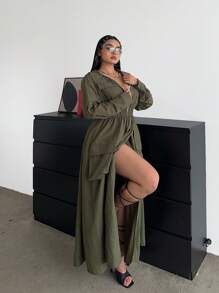 Flirla 大码长袖开叉连衣裙女装 - 軍綠色 - 查看 6