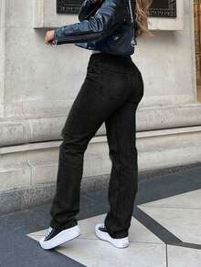 Women's Casual Knee Ripped Cone Denim Jeans With Pocket - Black - View 2