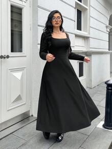 SHEIN EZwear Plus Size Black High Elastic Square Neck Flared Hem Long Sleeve Dress - Black - View 1