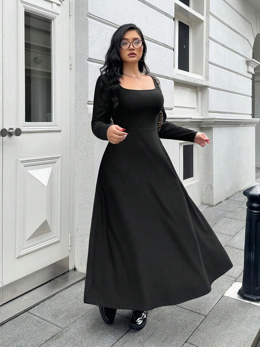 SHEIN EZwear Plus Size Black High Elastic Square Neck Flared Hem Long Sleeve Dress - Black - View 1