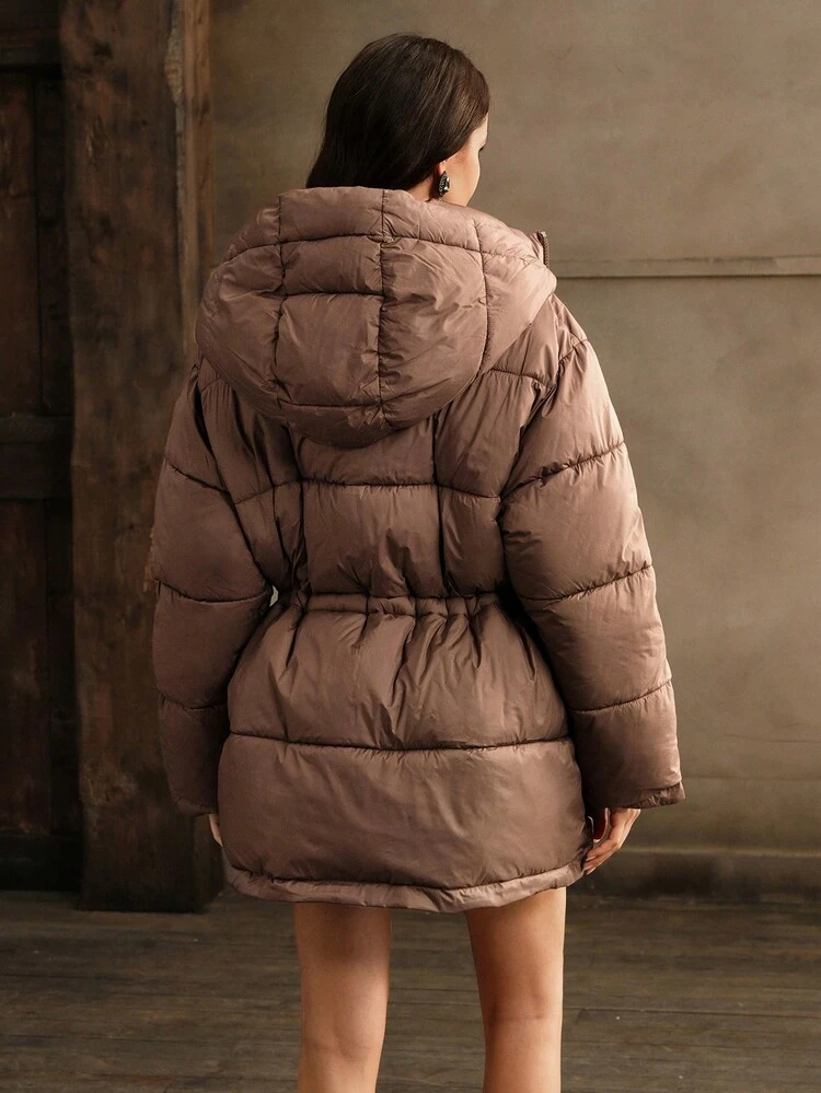 Abrigo acolchado con capucha y cordón en la cintura, de unicolor, de estilo casual para mujer en invierno