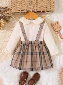 SHEIN Bộ quần áo gồm 2 chiếc váy yếm kẻ caro cho bé gái kèm áo cánh dài tay, mùa thu - Nhiều màu - Xem 2