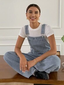 Livesso Distressed Wash Adjustable Strap Loose Denim Bib Overalls For Women