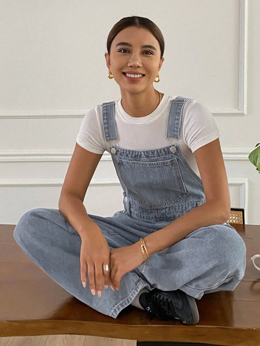 Livesso Distressed Wash Adjustable Strap Loose Denim Bib Overalls For Women