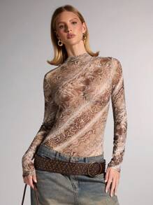 SHEIN BAE Bộ đồ liền thân in họa tiết da rắn gợi cảm dành cho nữ dùng cho tiệc tùng, câu lạc bộ, đêm hẹn hò, hòa nhạc, đi chơi thời trang, mùa xuân thu - màu nâu - Xem 4