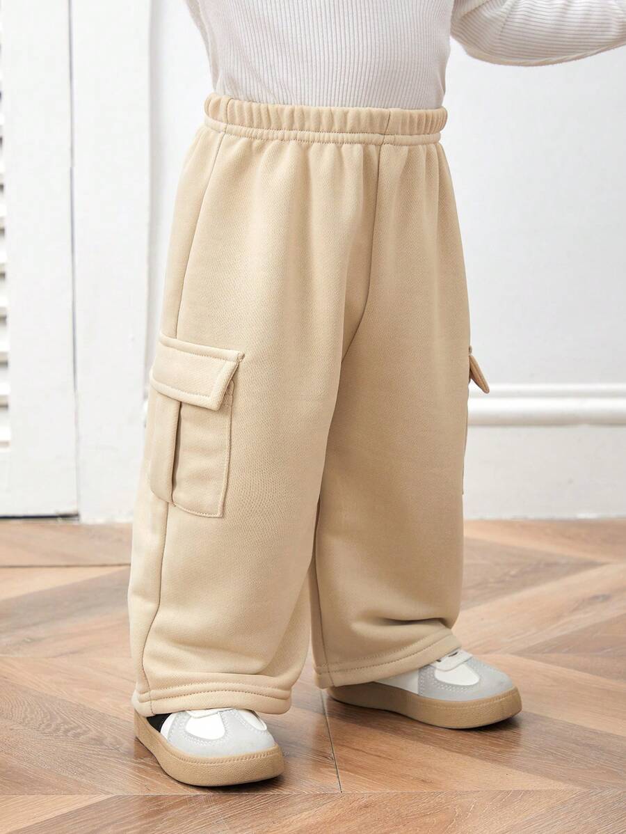 SHEIN Leap Crew Quần ống đứng dệt kim rộng rãi thoải mái có túi, phong cách Hàn Quốc cho bé trai và bé gái - Màu be - Xem 1