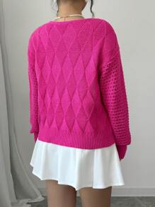 Chiquease 女士休闲纯色落肩宽松菱形针织毛衣 - 玫紅色 - 查看 2