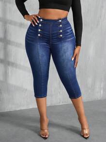 SHEIN SXY Quần Jeans Skinny Co Giãn Màu Xanh Denim Cỡ Lớn Cho Nữ Quần Legging Jeans 7 Điểm Có Túi Quần Jeans Nữ Quần Capri Quần Thu Quần Nữ Nhỏ Gọn - Rửa tối - Xem 1