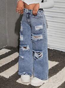 SHEIN Jeans anchos de pierna ancha con efecto desgastado, rasgado y desteñido de moda para niñas preadolescentes, estilo Y2K, para otoño, homecoming, conciertos - Azul lavado medio - Ver 3